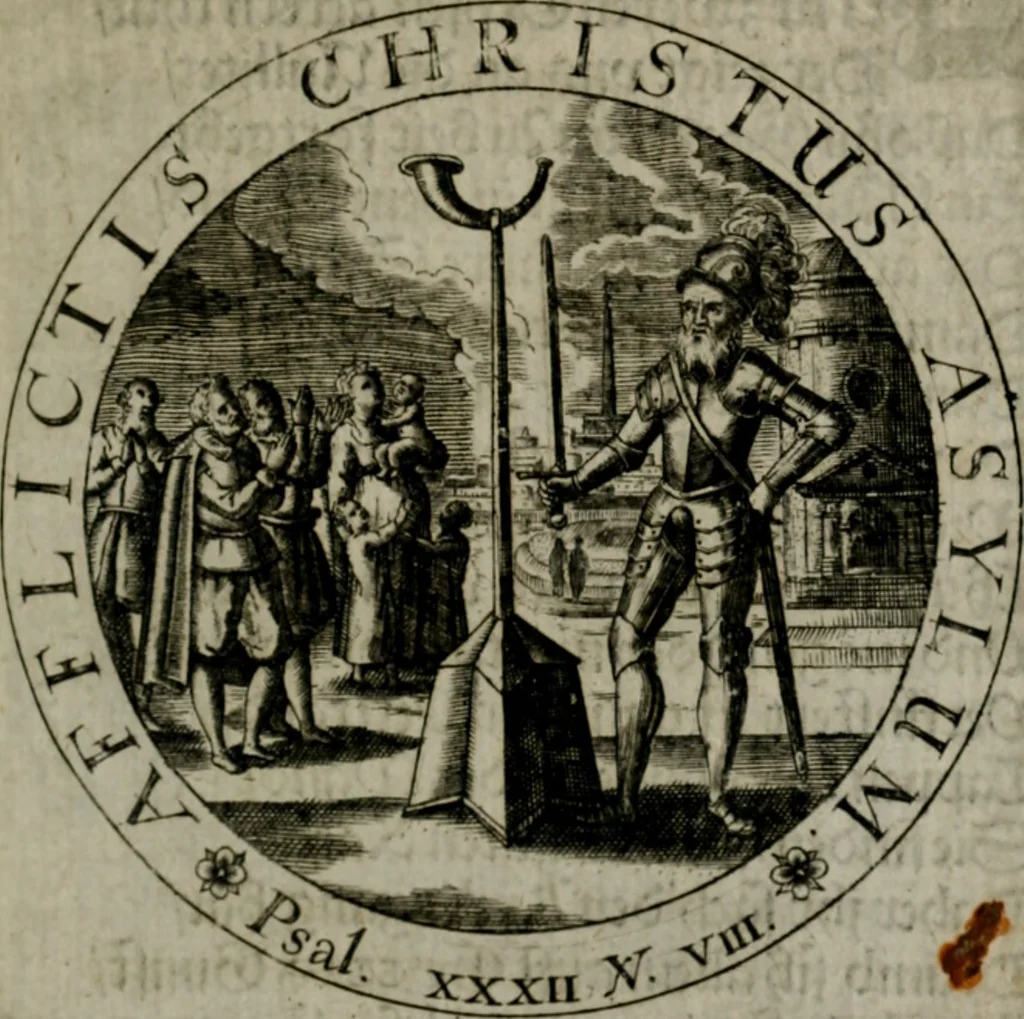 An illustration from Sacra emblemata LXXVI : in quibus summa unius cuiusq[ue] evangelii rotunde adumbratur : das ist, Sechsundsibentzig geistliche figürlein in welchen eines ieder evangelij summa kürtzlichen wird abgebildet, 1625, leaf 76