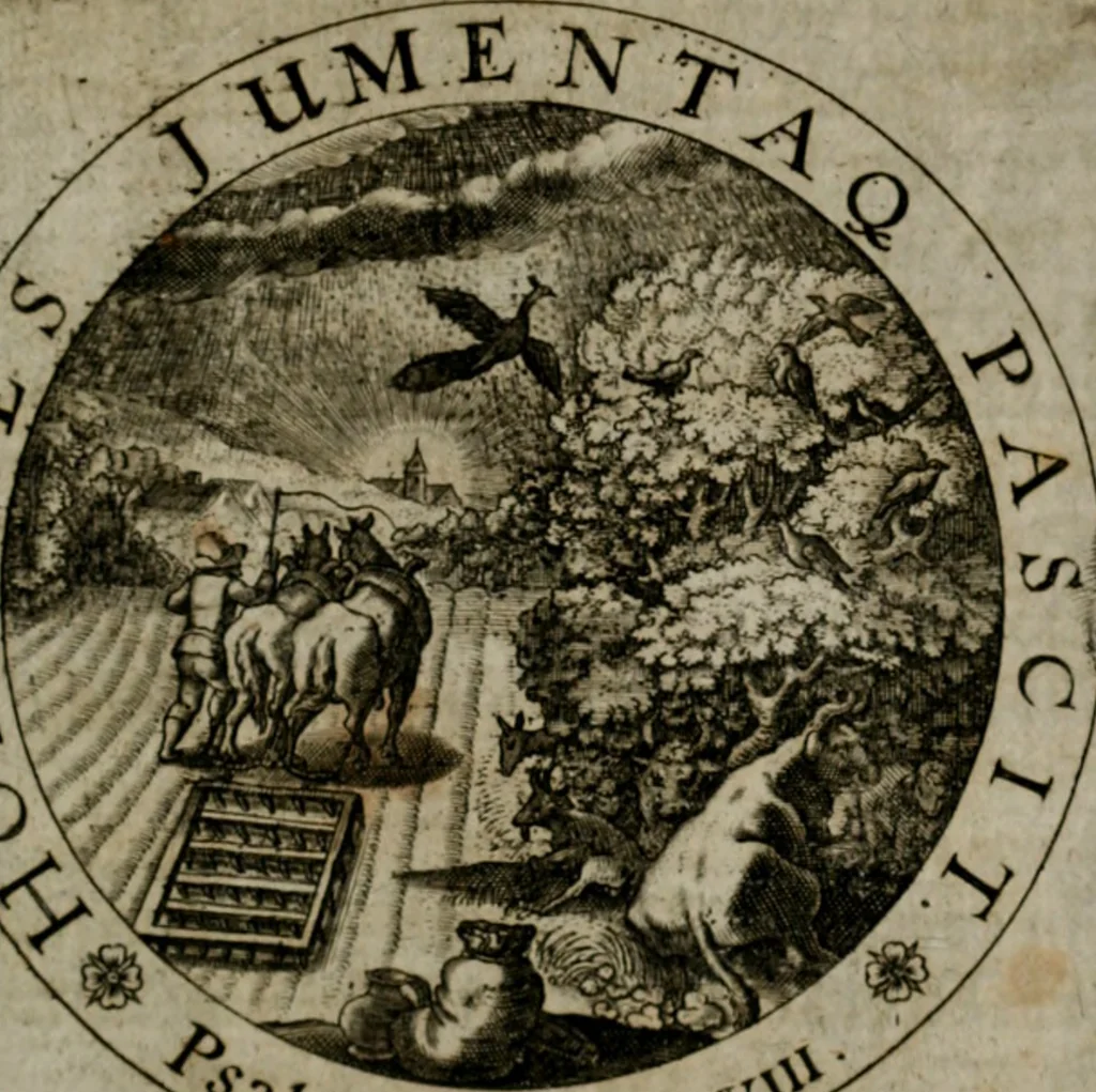An illustration from Sacra emblemata LXXVI : in quibus summa unius cuiusq[ue] evangelii rotunde adumbratur : das ist, Sechsundsibentzig geistliche figürlein in welchen eines ieder evangelij summa kürtzlichen wird abgebildet, 1625, leaf 84
