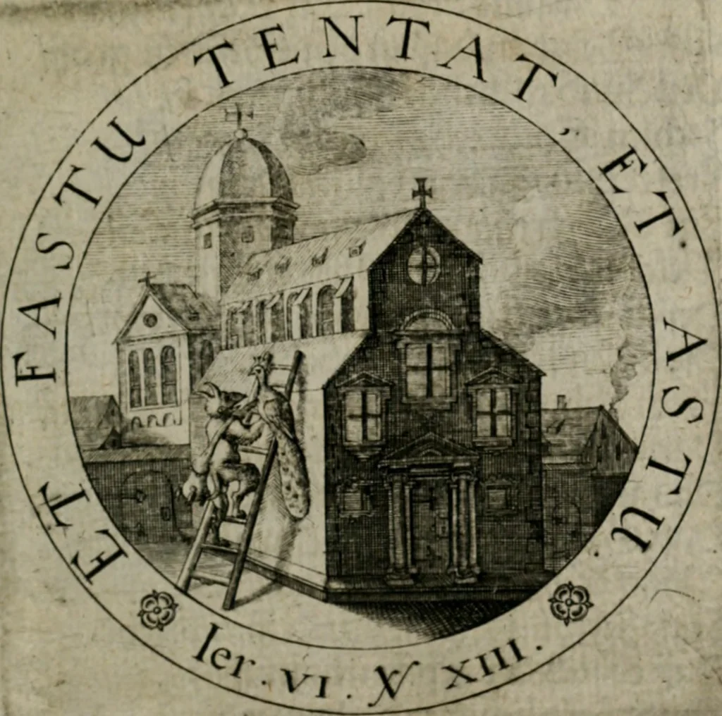 An illustration from Sacra emblemata LXXVI : in quibus summa unius cuiusq[ue] evangelii rotunde adumbratur : das ist, Sechsundsibentzig geistliche figürlein in welchen eines ieder evangelij summa kürtzlichen wird abgebildet, 1625, leaf 90