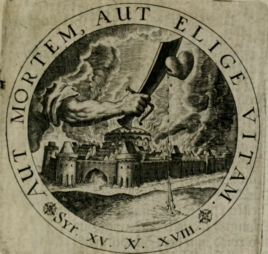 An illustration from Sacra emblemata LXXVI : in quibus summa unius cuiusq[ue] evangelii rotunde adumbratur : das ist, Sechsundsibentzig geistliche figürlein in welchen eines ieder evangelij summa kürtzlichen wird abgebildet, 1625, leaf 92