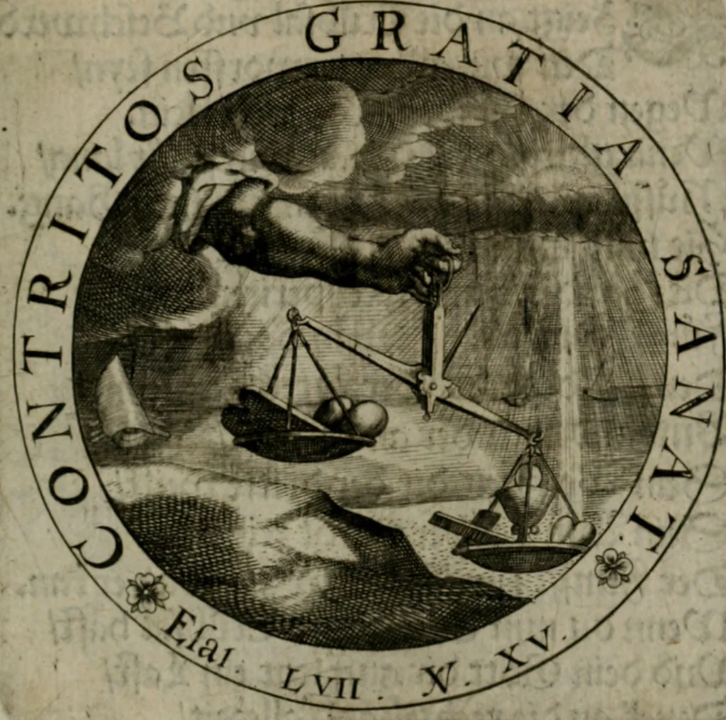 An illustration from Sacra emblemata LXXVI : in quibus summa unius cuiusq[ue] evangelii rotunde adumbratur : das ist, Sechsundsibentzig geistliche figürlein in welchen eines ieder evangelij summa kürtzlichen wird abgebildet, 1625, leaf 94