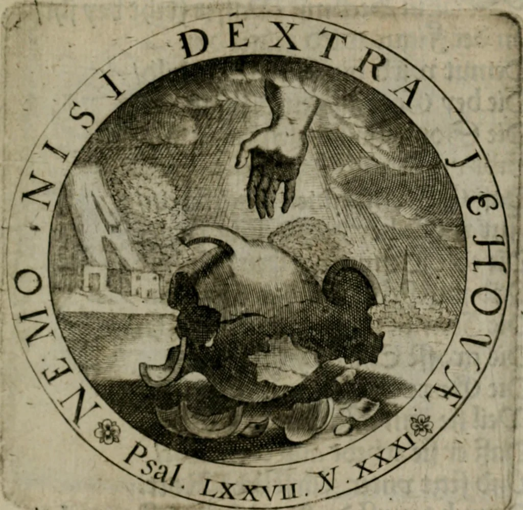 An illustration from Sacra emblemata LXXVI : in quibus summa unius cuiusq[ue] evangelii rotunde adumbratur : das ist, Sechsundsibentzig geistliche figürlein in welchen eines ieder evangelij summa kürtzlichen wird abgebildet, 1625, leaf 96