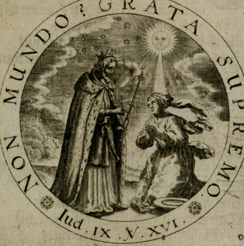 An illustration from Sacra emblemata LXXVI : in quibus summa unius cuiusq[ue] evangelii rotunde adumbratur : das ist, Sechsundsibentzig geistliche figürlein in welchen eines ieder evangelij summa kürtzlichen wird abgebildet, 1625, leaf 98