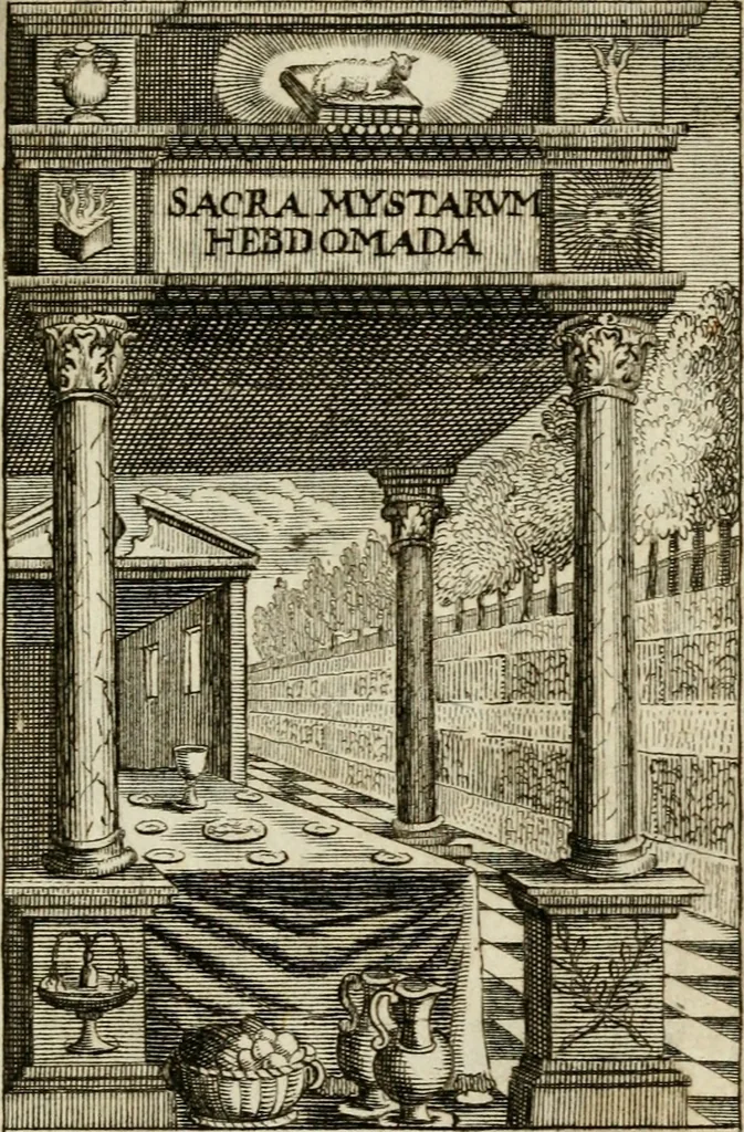 An illustration from Sacra mystarum hebdomada, sive, Quotidiana pro sacerdotibus piè celebrandi : septenaria verò pro laicis, devotè communicandi formula, sacris, è litteris, 1700, leaf 4