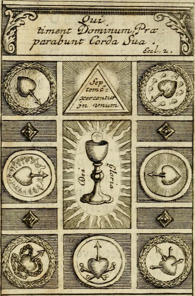 An illustration from Sacra mystarum hebdomada, sive, Quotidiana pro sacerdotibus piè celebrandi : septenaria verò pro laicis, devotè communicandi formula, sacris, è litteris, 1700, leaf 9