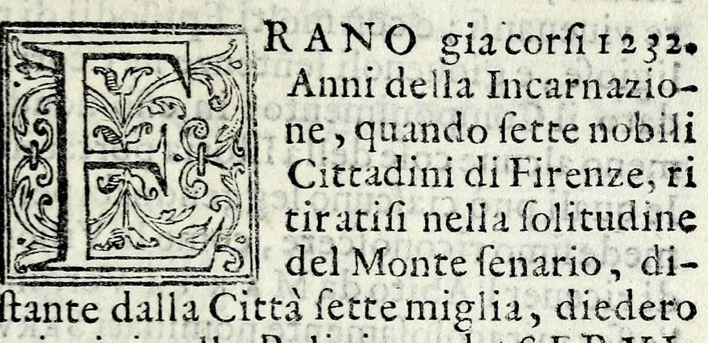 An illustration from Sacra rappresentazione di sette beati fondatori della religione de' Servi, 1592, leaf 7