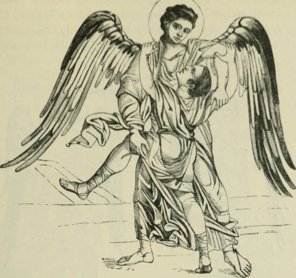 An illustration from Sacred and legendary art : containing legends of the angels and archangels, the evangelists, the apostles, the doctors of the Church and St. Mary Magdalene as represented in the fine arts, 1911, leaf 102
