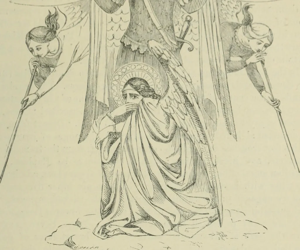 An illustration from Sacred and legendary art : containing legends of the angels and archangels, the evangelists, the apostles, the doctors of the Church and St. Mary Magdalene as represented in the fine arts, 1911, leaf 118