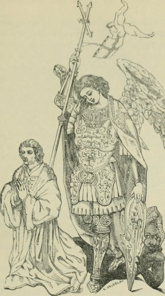 An illustration from Sacred and legendary art : containing legends of the angels and archangels, the evangelists, the apostles, the doctors of the Church and St. Mary Magdalene as represented in the fine arts, 1911, leaf 138