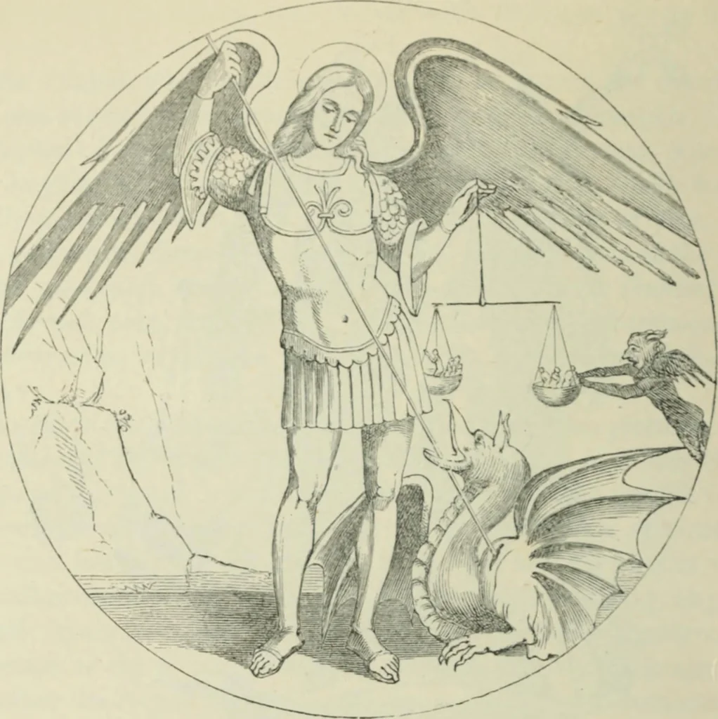 An illustration from Sacred and legendary art : containing legends of the angels and archangels, the evangelists, the apostles, the doctors of the Church and St. Mary Magdalene as represented in the fine arts, 1911, leaf 141