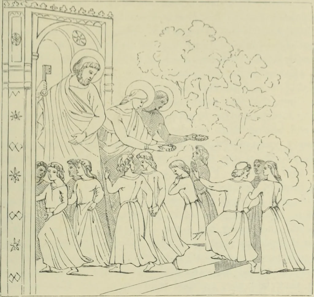 An illustration from Sacred and legendary art : containing legends of the angels and archangels, the evangelists, the apostles, the doctors of the Church and St. Mary Magdalene as represented in the fine arts, 1911, leaf 240