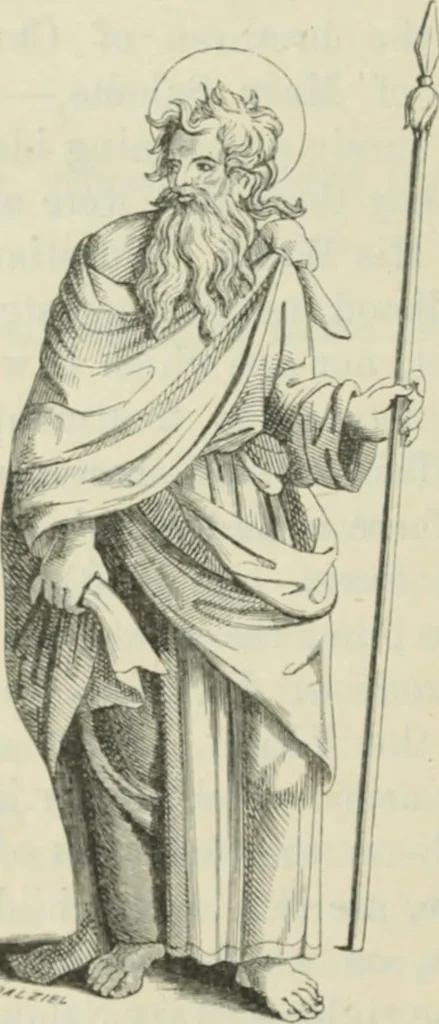 An illustration from Sacred and legendary art : containing legends of the angels and archangels, the evangelists, the apostles, the doctors of the Church and St. Mary Magdalene as represented in the fine arts, 1911, leaf 287