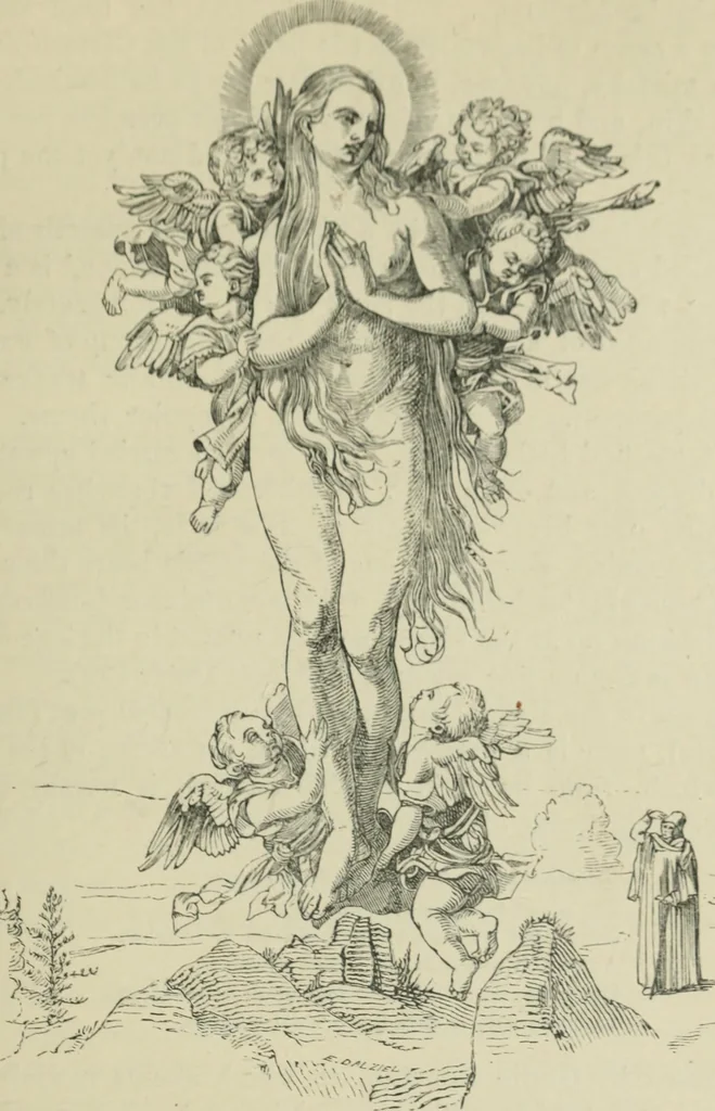 An illustration from Sacred and legendary art : containing legends of the angels and archangels, the evangelists, the apostles, the doctors of the Church and St. Mary Magdalene as represented in the fine arts, 1911, leaf 410