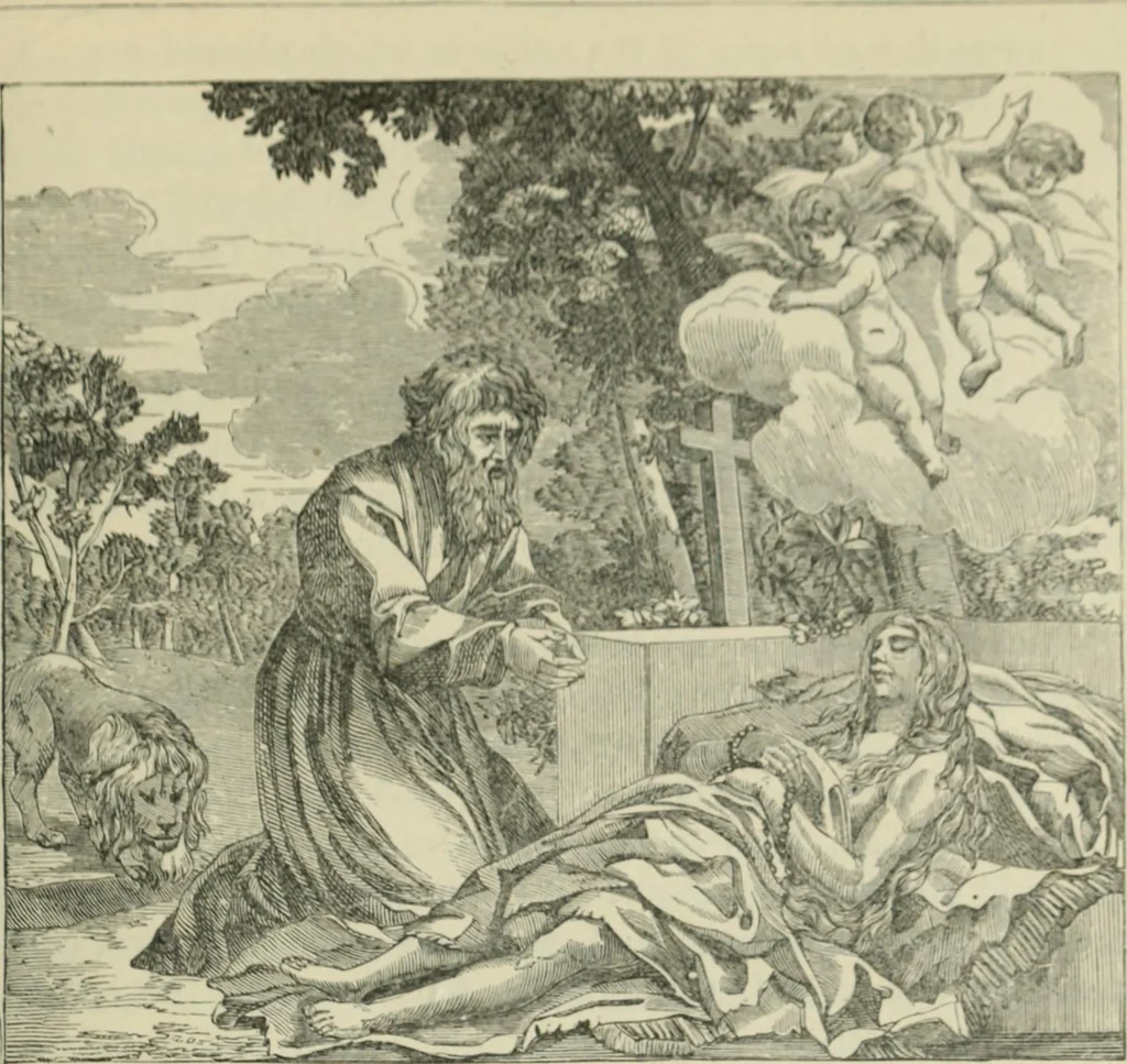 An illustration from Sacred and legendary art : containing legends of the angels and archangels, the evangelists, the apostles, the doctors of the Church and St. Mary Magdalene as represented in the fine arts, 1911, leaf 428
