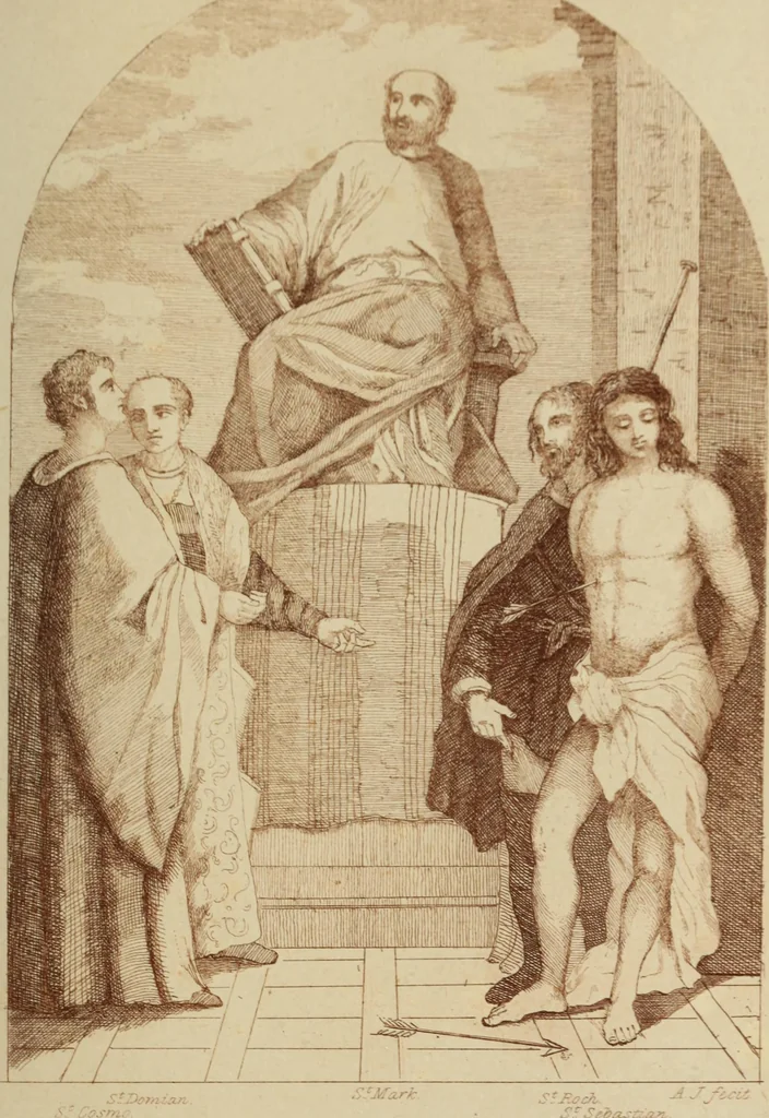 An illustration from Sacred and legendary art : containing legends of the angels and archangels, the evangelists, the apostles, the doctors of the Church and St. Mary Magdalene as represented in the fine arts, 1911, leaf 48