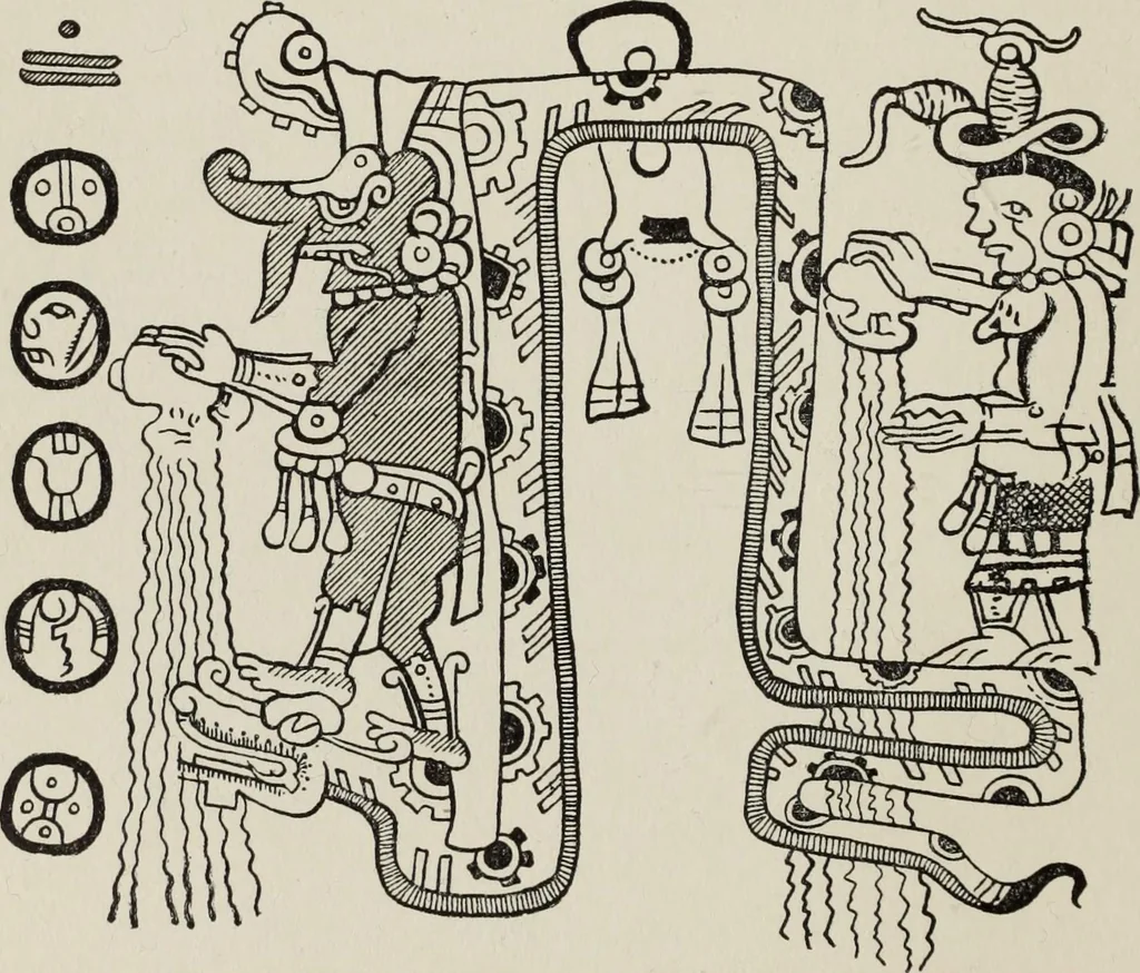 An illustration from Sacred mysteries among the Mayas and the Quiches, 11,500 years ago ; their relation to the sacred mysteries of Egypt, Greece, Chaldea and India; Free Masonry in times anterior to the Temple of Solomon, 1909, leaf 163