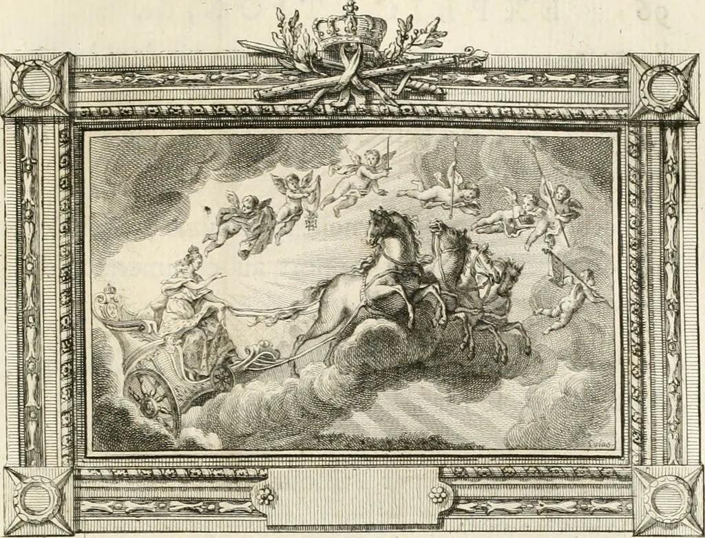An illustration from Sacre et couronnement de Louis XVI roi de France et de Navarre à Rheims, le 11 juin 1775 : précédé de Recherches sur le sacre des rois de France, depuis Clovis jusqu'a Louis XV : et suivi d'un Journal historique de ce qui s'est passé a cette auguste cérémonie : enrichi d'un très-grand nombre de figures en taille-douce, gravées par le sieur Patas, avec leurs explications, 1775, leaf 112