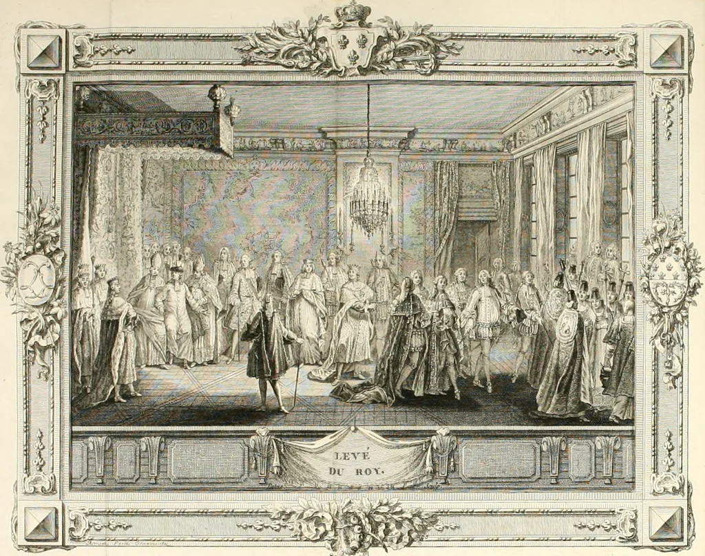 An illustration from Sacre et couronnement de Louis XVI roi de France et de Navarre à Rheims, le 11 juin 1775 : précédé de Recherches sur le sacre des rois de France, depuis Clovis jusqu'a Louis XV : et suivi d'un Journal historique de ce qui s'est passé a cette auguste cérémonie : enrichi d'un très-grand nombre de figures en taille-douce, gravées par le sieur Patas, avec leurs explications, 1775, leaf 114