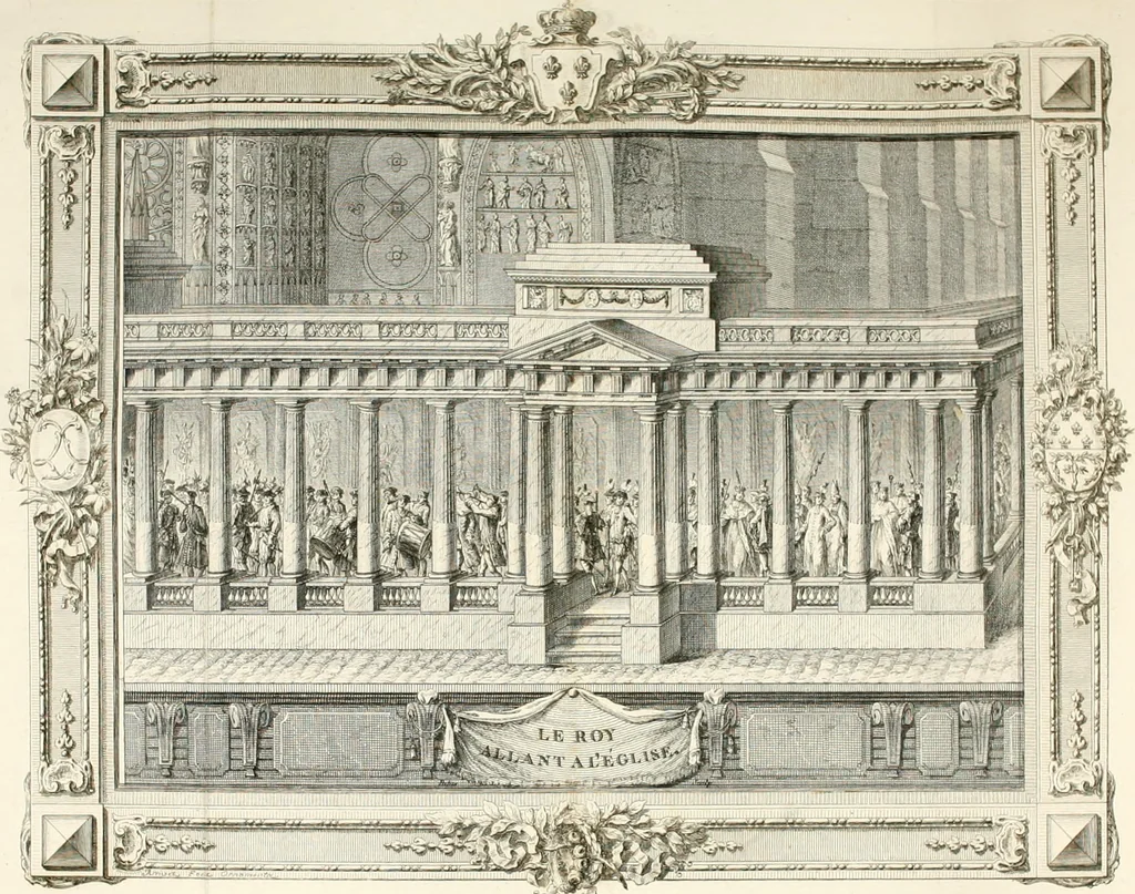 An illustration from Sacre et couronnement de Louis XVI roi de France et de Navarre à Rheims, le 11 juin 1775 : précédé de Recherches sur le sacre des rois de France, depuis Clovis jusqu'a Louis XV : et suivi d'un Journal historique de ce qui s'est passé a cette auguste cérémonie : enrichi d'un très-grand nombre de figures en taille-douce, gravées par le sieur Patas, avec leurs explications, 1775, leaf 122