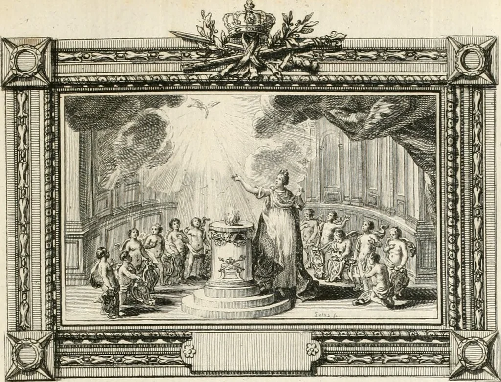 An illustration from Sacre et couronnement de Louis XVI roi de France et de Navarre à Rheims, le 11 juin 1775 : précédé de Recherches sur le sacre des rois de France, depuis Clovis jusqu'a Louis XV : et suivi d'un Journal historique de ce qui s'est passé a cette auguste cérémonie : enrichi d'un très-grand nombre de figures en taille-douce, gravées par le sieur Patas, avec leurs explications, 1775, leaf 128