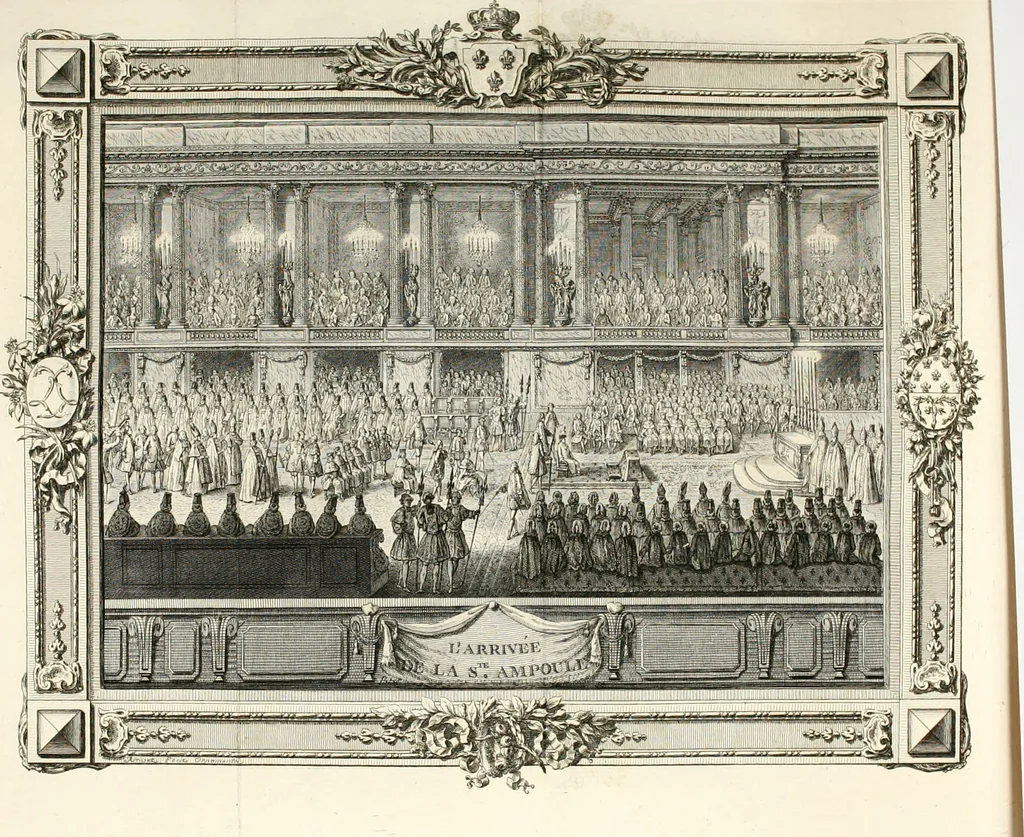 An illustration from Sacre et couronnement de Louis XVI roi de France et de Navarre à Rheims, le 11 juin 1775 : précédé de Recherches sur le sacre des rois de France, depuis Clovis jusqu'a Louis XV : et suivi d'un Journal historique de ce qui s'est passé a cette auguste cérémonie : enrichi d'un très-grand nombre de figures en taille-douce, gravées par le sieur Patas, avec leurs explications, 1775, leaf 130