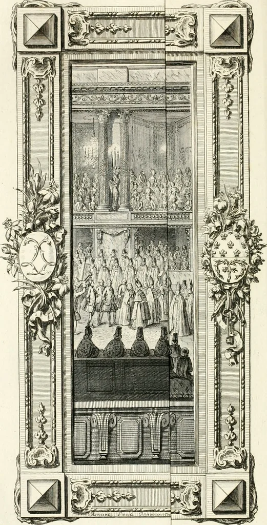 An illustration from Sacre et couronnement de Louis XVI roi de France et de Navarre à Rheims, le 11 juin 1775 : précédé de Recherches sur le sacre des rois de France, depuis Clovis jusqu'a Louis XV : et suivi d'un Journal historique de ce qui s'est passé a cette auguste cérémonie : enrichi d'un très-grand nombre de figures en taille-douce, gravées par le sieur Patas, avec leurs explications, 1775, leaf 131