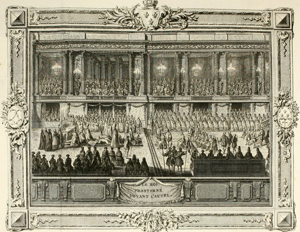An illustration from Sacre et couronnement de Louis XVI roi de France et de Navarre à Rheims, le 11 juin 1775 : précédé de Recherches sur le sacre des rois de France, depuis Clovis jusqu'a Louis XV : et suivi d'un Journal historique de ce qui s'est passé a cette auguste cérémonie : enrichi d'un très-grand nombre de figures en taille-douce, gravées par le sieur Patas, avec leurs explications, 1775, leaf 136