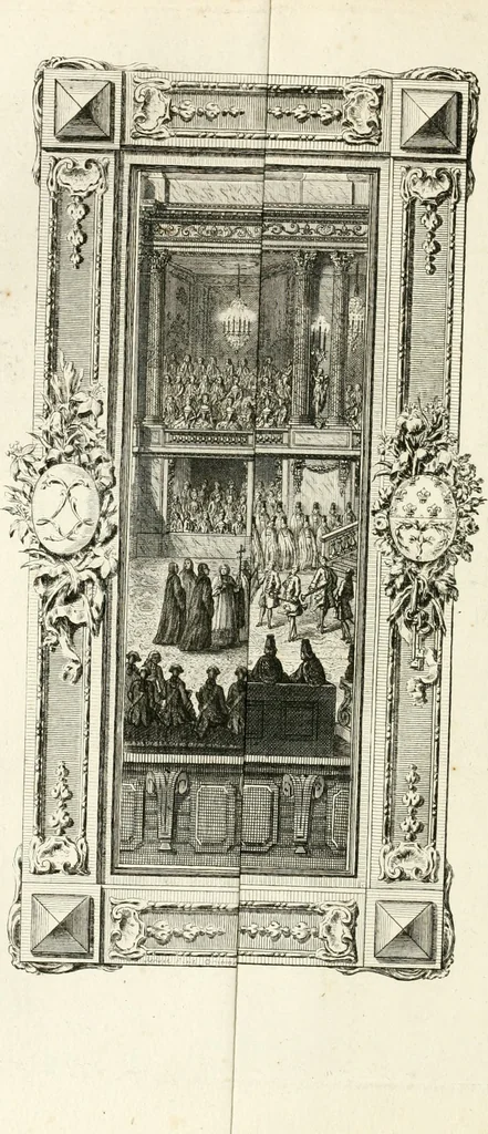 An illustration from Sacre et couronnement de Louis XVI roi de France et de Navarre à Rheims, le 11 juin 1775 : précédé de Recherches sur le sacre des rois de France, depuis Clovis jusqu'a Louis XV : et suivi d'un Journal historique de ce qui s'est passé a cette auguste cérémonie : enrichi d'un très-grand nombre de figures en taille-douce, gravées par le sieur Patas, avec leurs explications, 1775, leaf 137