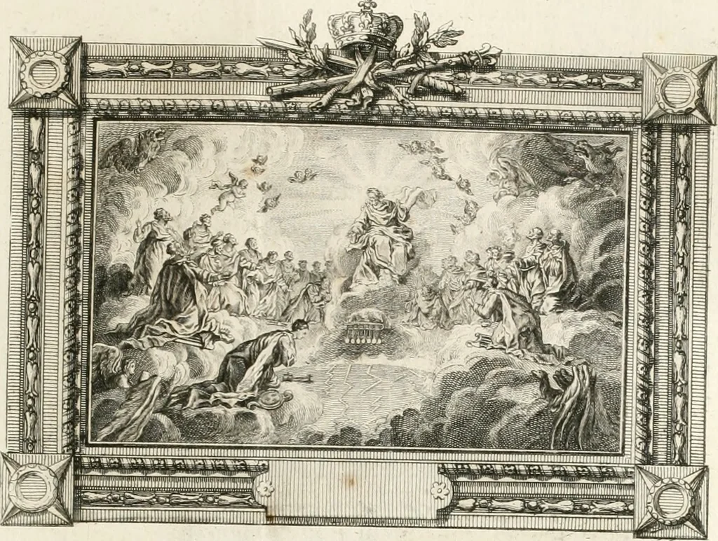 An illustration from Sacre et couronnement de Louis XVI roi de France et de Navarre à Rheims, le 11 juin 1775 : précédé de Recherches sur le sacre des rois de France, depuis Clovis jusqu'a Louis XV : et suivi d'un Journal historique de ce qui s'est passé a cette auguste cérémonie : enrichi d'un très-grand nombre de figures en taille-douce, gravées par le sieur Patas, avec leurs explications, 1775, leaf 138