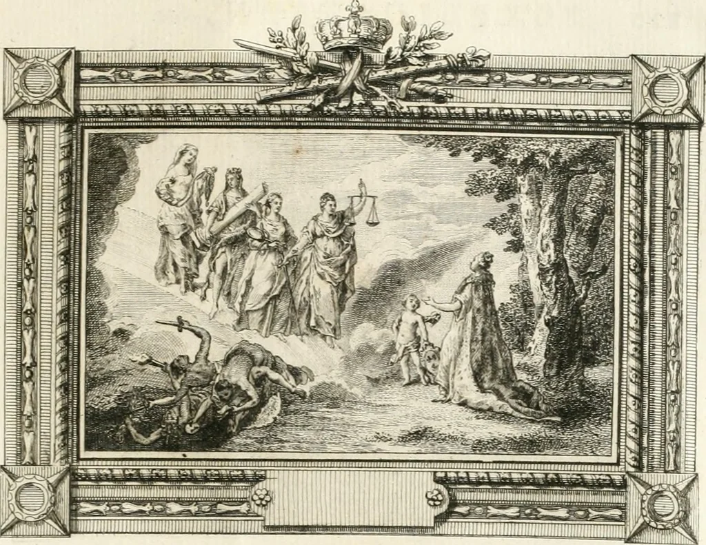 An illustration from Sacre et couronnement de Louis XVI roi de France et de Navarre à Rheims, le 11 juin 1775 : précédé de Recherches sur le sacre des rois de France, depuis Clovis jusqu'a Louis XV : et suivi d'un Journal historique de ce qui s'est passé a cette auguste cérémonie : enrichi d'un très-grand nombre de figures en taille-douce, gravées par le sieur Patas, avec leurs explications, 1775, leaf 144