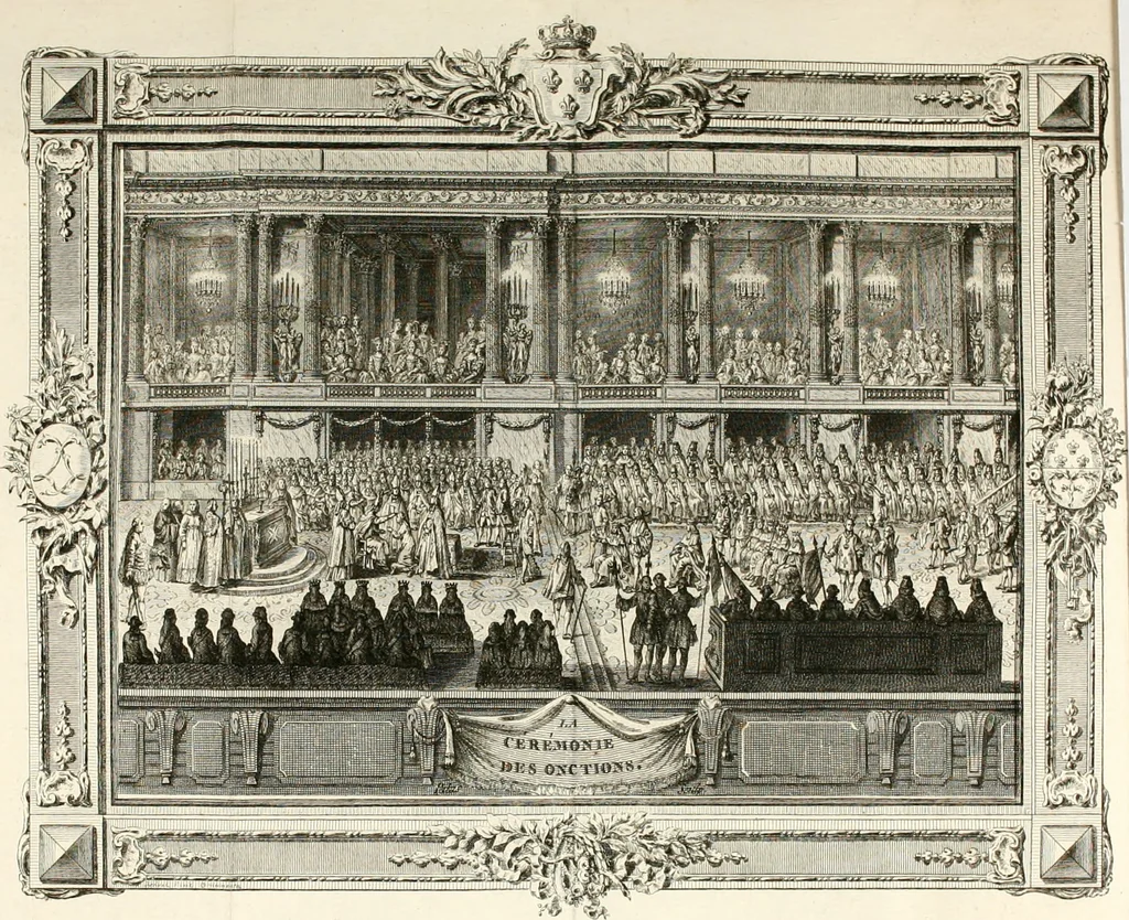 An illustration from Sacre et couronnement de Louis XVI roi de France et de Navarre à Rheims, le 11 juin 1775 : précédé de Recherches sur le sacre des rois de France, depuis Clovis jusqu'a Louis XV : et suivi d'un Journal historique de ce qui s'est passé a cette auguste cérémonie : enrichi d'un très-grand nombre de figures en taille-douce, gravées par le sieur Patas, avec leurs explications, 1775, leaf 146