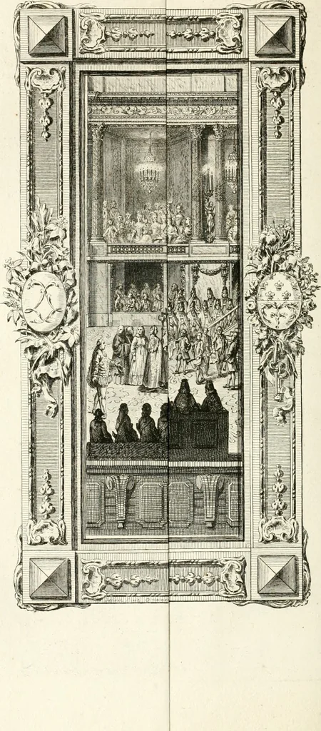An illustration from Sacre et couronnement de Louis XVI roi de France et de Navarre à Rheims, le 11 juin 1775 : précédé de Recherches sur le sacre des rois de France, depuis Clovis jusqu'a Louis XV : et suivi d'un Journal historique de ce qui s'est passé a cette auguste cérémonie : enrichi d'un très-grand nombre de figures en taille-douce, gravées par le sieur Patas, avec leurs explications, 1775, leaf 147