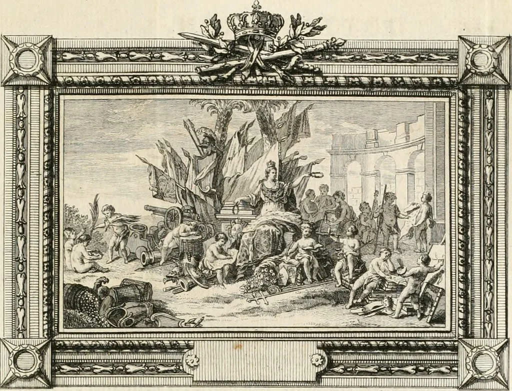 An illustration from Sacre et couronnement de Louis XVI roi de France et de Navarre à Rheims, le 11 juin 1775 : précédé de Recherches sur le sacre des rois de France, depuis Clovis jusqu'a Louis XV : et suivi d'un Journal historique de ce qui s'est passé a cette auguste cérémonie : enrichi d'un très-grand nombre de figures en taille-douce, gravées par le sieur Patas, avec leurs explications, 1775, leaf 152