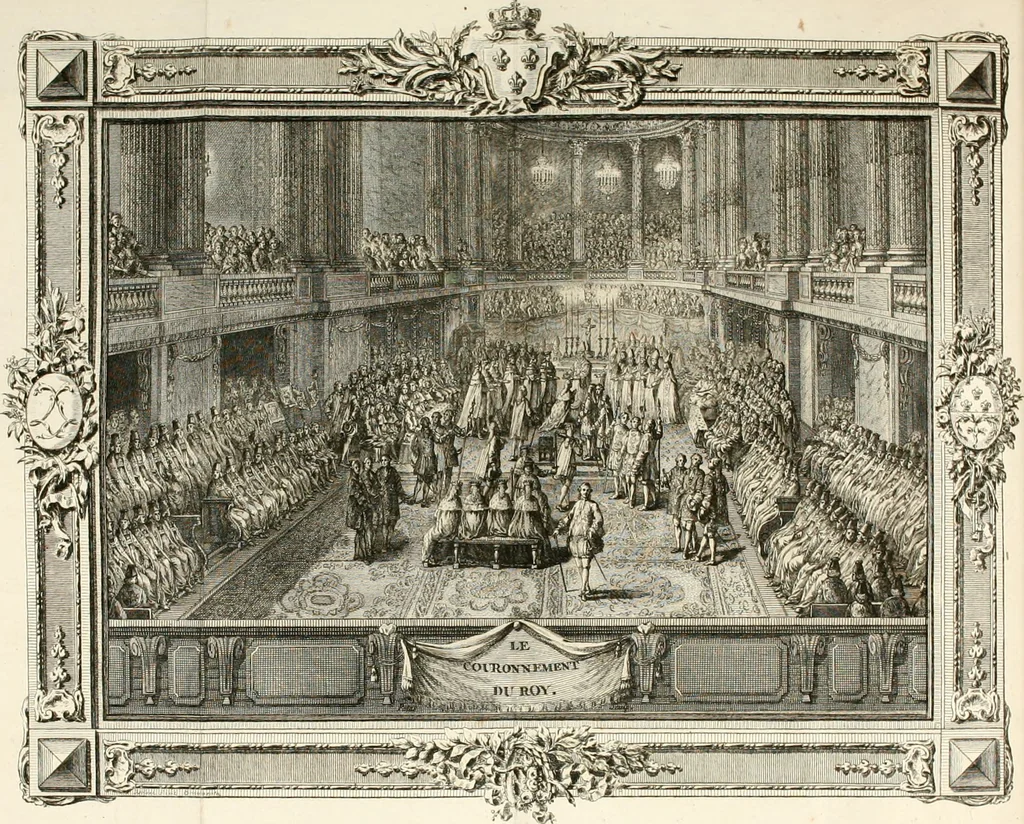 An illustration from Sacre et couronnement de Louis XVI roi de France et de Navarre à Rheims, le 11 juin 1775 : précédé de Recherches sur le sacre des rois de France, depuis Clovis jusqu'a Louis XV : et suivi d'un Journal historique de ce qui s'est passé a cette auguste cérémonie : enrichi d'un très-grand nombre de figures en taille-douce, gravées par le sieur Patas, avec leurs explications, 1775, leaf 154