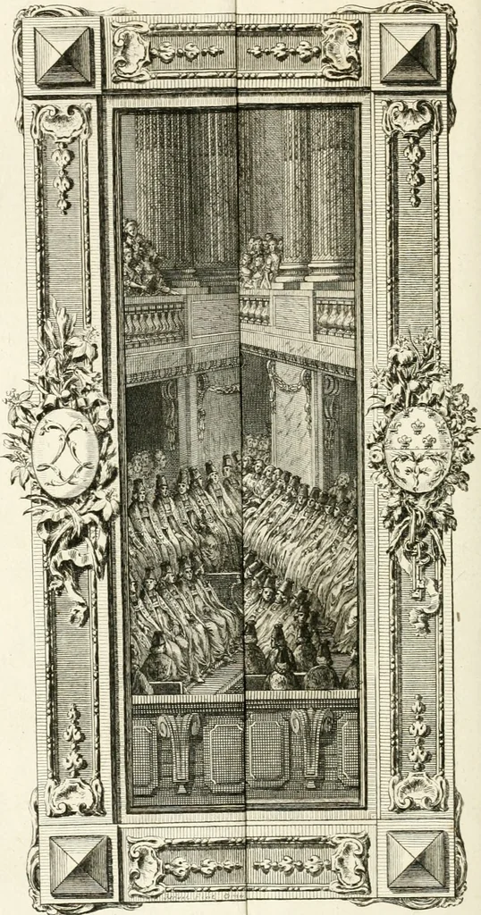 An illustration from Sacre et couronnement de Louis XVI roi de France et de Navarre à Rheims, le 11 juin 1775 : précédé de Recherches sur le sacre des rois de France, depuis Clovis jusqu'a Louis XV : et suivi d'un Journal historique de ce qui s'est passé a cette auguste cérémonie : enrichi d'un très-grand nombre de figures en taille-douce, gravées par le sieur Patas, avec leurs explications, 1775, leaf 155