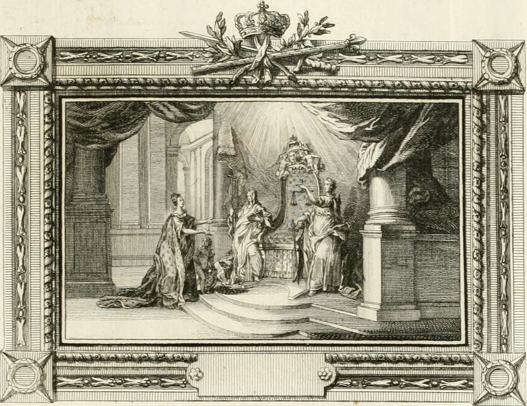 An illustration from Sacre et couronnement de Louis XVI roi de France et de Navarre à Rheims, le 11 juin 1775 : précédé de Recherches sur le sacre des rois de France, depuis Clovis jusqu'a Louis XV : et suivi d'un Journal historique de ce qui s'est passé a cette auguste cérémonie : enrichi d'un très-grand nombre de figures en taille-douce, gravées par le sieur Patas, avec leurs explications, 1775, leaf 160