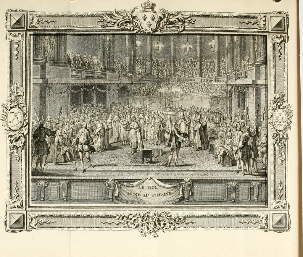 An illustration from Sacre et couronnement de Louis XVI roi de France et de Navarre à Rheims, le 11 juin 1775 : précédé de Recherches sur le sacre des rois de France, depuis Clovis jusqu'a Louis XV : et suivi d'un Journal historique de ce qui s'est passé a cette auguste cérémonie : enrichi d'un très-grand nombre de figures en taille-douce, gravées par le sieur Patas, avec leurs explications, 1775, leaf 162