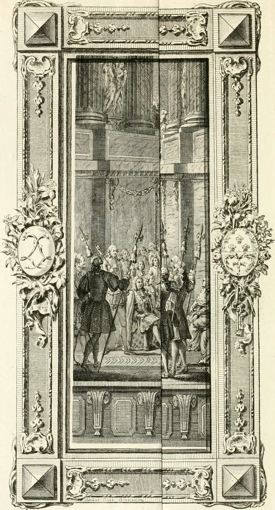 An illustration from Sacre et couronnement de Louis XVI roi de France et de Navarre à Rheims, le 11 juin 1775 : précédé de Recherches sur le sacre des rois de France, depuis Clovis jusqu'a Louis XV : et suivi d'un Journal historique de ce qui s'est passé a cette auguste cérémonie : enrichi d'un très-grand nombre de figures en taille-douce, gravées par le sieur Patas, avec leurs explications, 1775, leaf 163