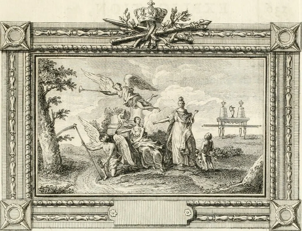 An illustration from Sacre et couronnement de Louis XVI roi de France et de Navarre à Rheims, le 11 juin 1775 : précédé de Recherches sur le sacre des rois de France, depuis Clovis jusqu'a Louis XV : et suivi d'un Journal historique de ce qui s'est passé a cette auguste cérémonie : enrichi d'un très-grand nombre de figures en taille-douce, gravées par le sieur Patas, avec leurs explications, 1775, leaf 166