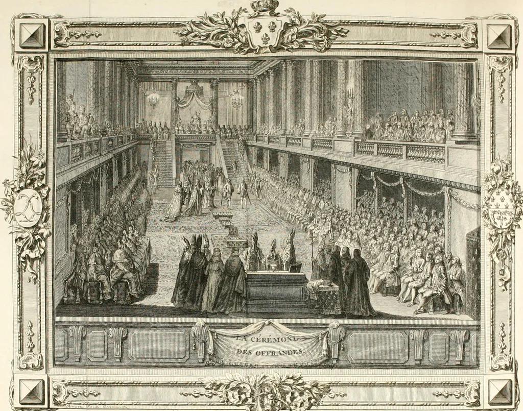 An illustration from Sacre et couronnement de Louis XVI roi de France et de Navarre à Rheims, le 11 juin 1775 : précédé de Recherches sur le sacre des rois de France, depuis Clovis jusqu'a Louis XV : et suivi d'un Journal historique de ce qui s'est passé a cette auguste cérémonie : enrichi d'un très-grand nombre de figures en taille-douce, gravées par le sieur Patas, avec leurs explications, 1775, leaf 168