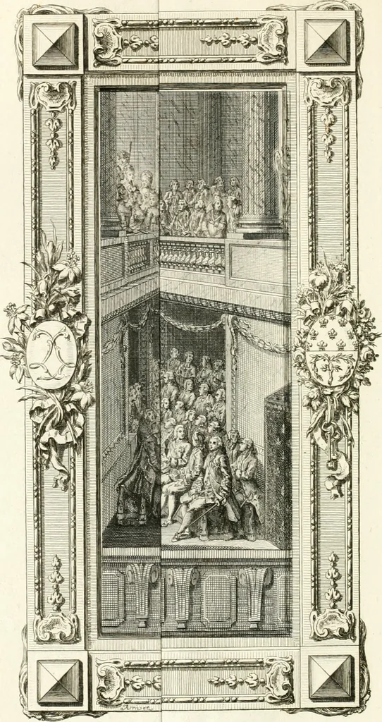 An illustration from Sacre et couronnement de Louis XVI roi de France et de Navarre à Rheims, le 11 juin 1775 : précédé de Recherches sur le sacre des rois de France, depuis Clovis jusqu'a Louis XV : et suivi d'un Journal historique de ce qui s'est passé a cette auguste cérémonie : enrichi d'un très-grand nombre de figures en taille-douce, gravées par le sieur Patas, avec leurs explications, 1775, leaf 169