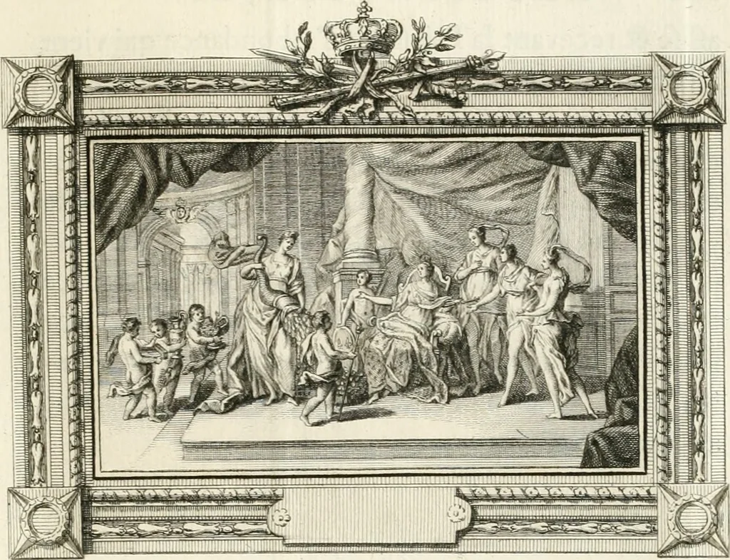 An illustration from Sacre et couronnement de Louis XVI roi de France et de Navarre à Rheims, le 11 juin 1775 : précédé de Recherches sur le sacre des rois de France, depuis Clovis jusqu'a Louis XV : et suivi d'un Journal historique de ce qui s'est passé a cette auguste cérémonie : enrichi d'un très-grand nombre de figures en taille-douce, gravées par le sieur Patas, avec leurs explications, 1775, leaf 174