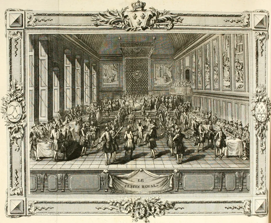An illustration from Sacre et couronnement de Louis XVI roi de France et de Navarre à Rheims, le 11 juin 1775 : précédé de Recherches sur le sacre des rois de France, depuis Clovis jusqu'a Louis XV : et suivi d'un Journal historique de ce qui s'est passé a cette auguste cérémonie : enrichi d'un très-grand nombre de figures en taille-douce, gravées par le sieur Patas, avec leurs explications, 1775, leaf 176
