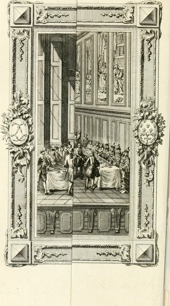 An illustration from Sacre et couronnement de Louis XVI roi de France et de Navarre à Rheims, le 11 juin 1775 : précédé de Recherches sur le sacre des rois de France, depuis Clovis jusqu'a Louis XV : et suivi d'un Journal historique de ce qui s'est passé a cette auguste cérémonie : enrichi d'un très-grand nombre de figures en taille-douce, gravées par le sieur Patas, avec leurs explications, 1775, leaf 177