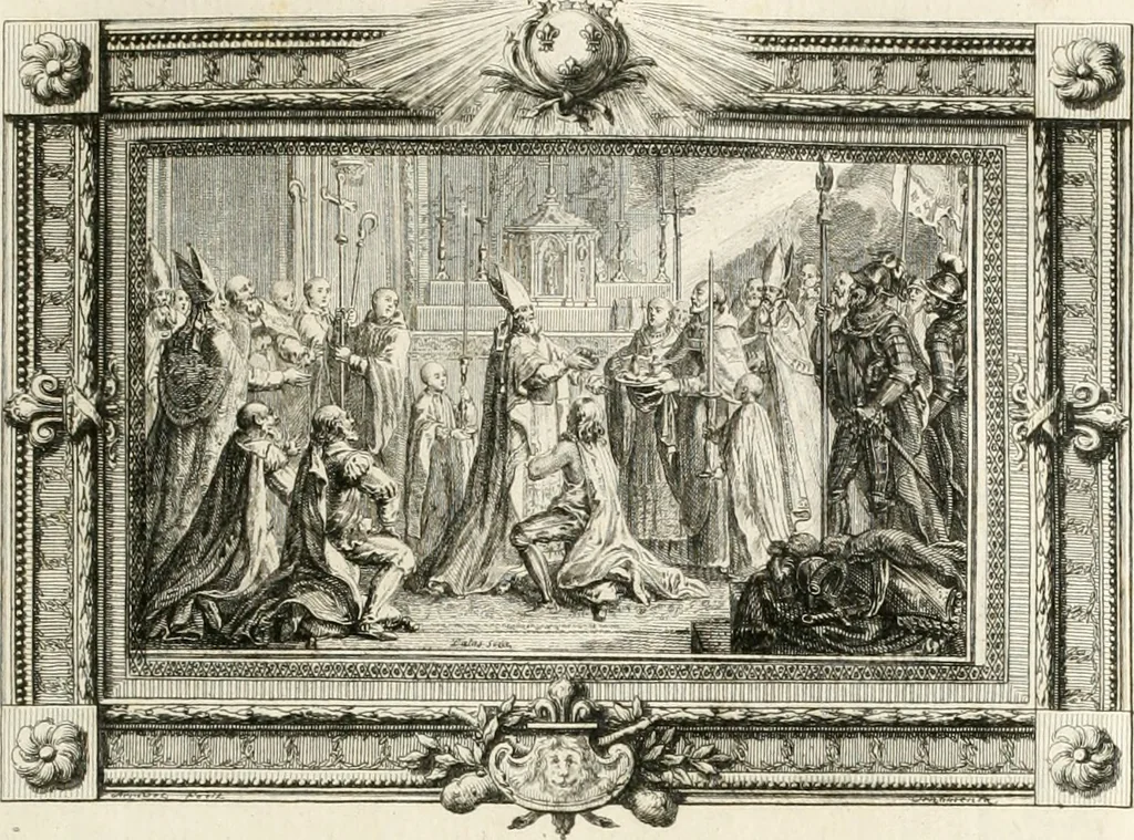 An illustration from Sacre et couronnement de Louis XVI roi de France et de Navarre à Rheims, le 11 juin 1775 : précédé de Recherches sur le sacre des rois de France, depuis Clovis jusqu'a Louis XV : et suivi d'un Journal historique de ce qui s'est passé a cette auguste cérémonie : enrichi d'un très-grand nombre de figures en taille-douce, gravées par le sieur Patas, avec leurs explications, 1775, leaf 18
