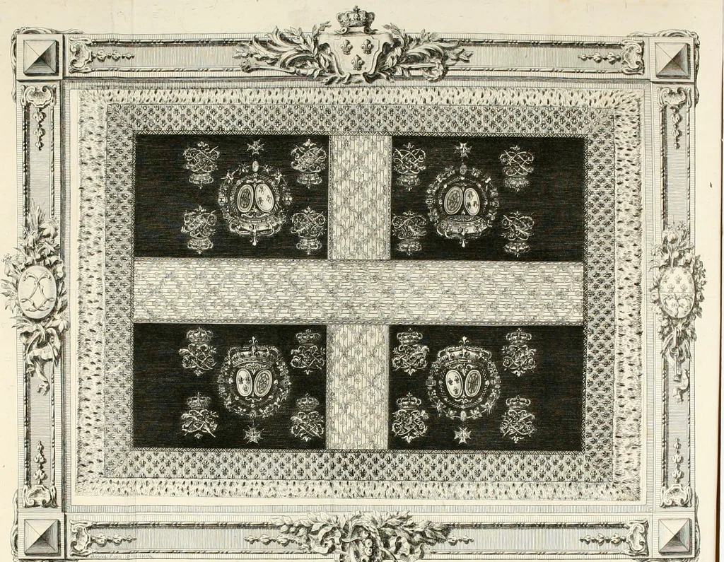 An illustration from Sacre et couronnement de Louis XVI roi de France et de Navarre à Rheims, le 11 juin 1775 : précédé de Recherches sur le sacre des rois de France, depuis Clovis jusqu'a Louis XV : et suivi d'un Journal historique de ce qui s'est passé a cette auguste cérémonie : enrichi d'un très-grand nombre de figures en taille-douce, gravées par le sieur Patas, avec leurs explications, 1775, leaf 184
