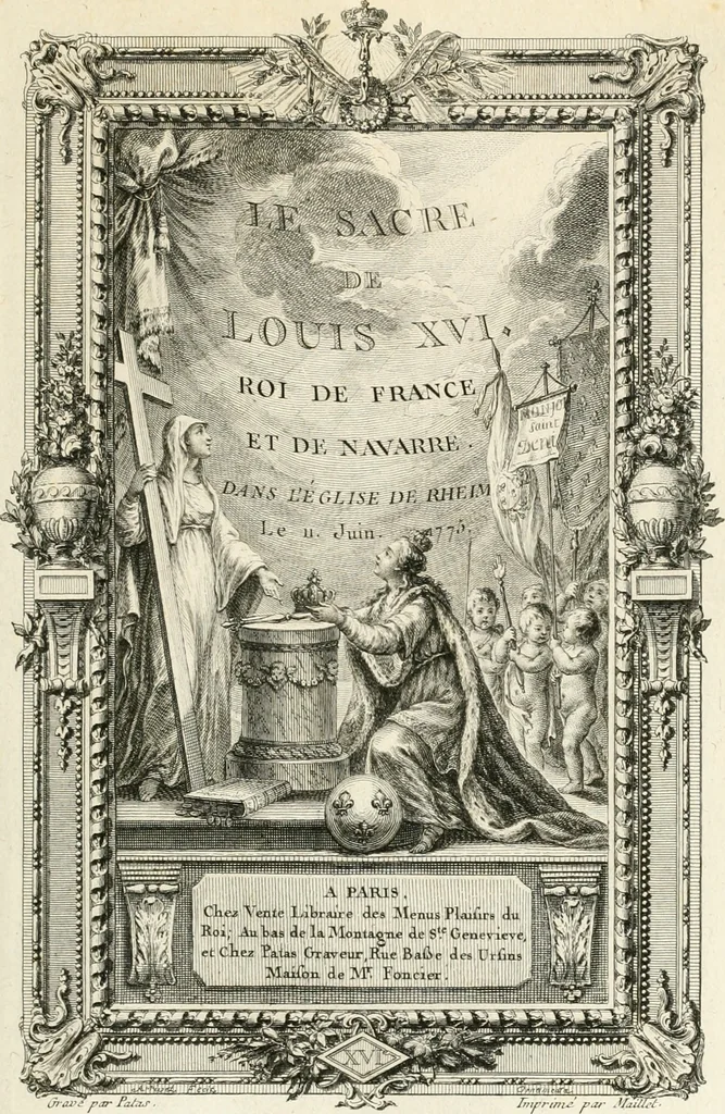 An illustration from Sacre et couronnement de Louis XVI roi de France et de Navarre à Rheims, le 11 juin 1775 : précédé de Recherches sur le sacre des rois de France, depuis Clovis jusqu'a Louis XV : et suivi d'un Journal historique de ce qui s'est passé a cette auguste cérémonie : enrichi d'un très-grand nombre de figures en taille-douce, gravées par le sieur Patas, avec leurs explications, 1775, leaf 188