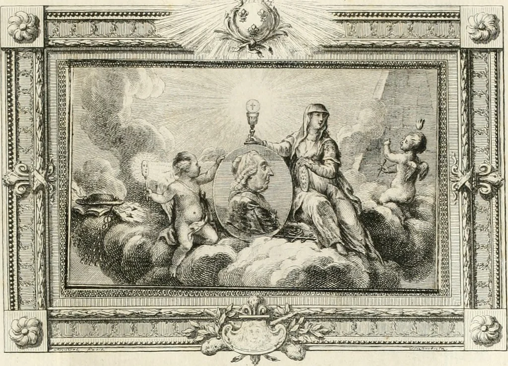 An illustration from Sacre et couronnement de Louis XVI roi de France et de Navarre à Rheims, le 11 juin 1775 : précédé de Recherches sur le sacre des rois de France, depuis Clovis jusqu'a Louis XV : et suivi d'un Journal historique de ce qui s'est passé a cette auguste cérémonie : enrichi d'un très-grand nombre de figures en taille-douce, gravées par le sieur Patas, avec leurs explications, 1775, leaf 190