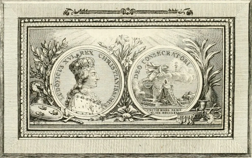 An illustration from Sacre et couronnement de Louis XVI roi de France et de Navarre à Rheims, le 11 juin 1775 : précédé de Recherches sur le sacre des rois de France, depuis Clovis jusqu'a Louis XV : et suivi d'un Journal historique de ce qui s'est passé a cette auguste cérémonie : enrichi d'un très-grand nombre de figures en taille-douce, gravées par le sieur Patas, avec leurs explications, 1775, leaf 237
