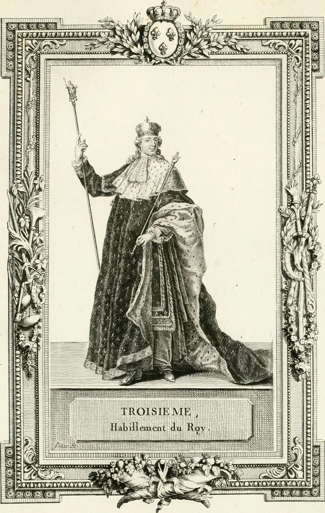 An illustration from Sacre et couronnement de Louis XVI roi de France et de Navarre à Rheims, le 11 juin 1775 : précédé de Recherches sur le sacre des rois de France, depuis Clovis jusqu'a Louis XV : et suivi d'un Journal historique de ce qui s'est passé a cette auguste cérémonie : enrichi d'un très-grand nombre de figures en taille-douce, gravées par le sieur Patas, avec leurs explications, 1775, leaf 286